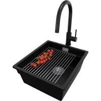 PrimaGran Unterbauspüle Granit Schwarz 41x47cm, Spülbecken 1 Becken + Ablauf-Set + Küchenzubehörset, Granitspüle ab 45er Unterschrank - Praga