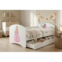 Happy Babies Kinderbett mit Rausfallschutz Junge 140x70 Bett für Kinderzimmer mit Schublade Matratze Einzelbett für Kinder, Weiss, Bunte Aufkleber
