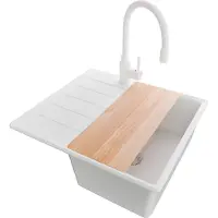 PrimaGran Granitspüle Alles Weiß 55x50cm, Spülbecken 1 Becken + Ablauf-Set + Küchenzubehörset, Küchenspüle ab 40er Unterschrank - Kopenhagen
