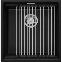 PrimaGran Spülbecken Schwarz 46x47cm, Granitspüle 1 Becken + Ablauf-Set + Aufrollbare Abtropffläche, Küchenspüle ab 50er Unterschrank - Praga Slim