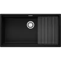 PrimaGran Unterbauspüle Granit Schwarz Metallic 86x47cm, Spülbecken 1 Becken + Ablauf-Set + Aufrollbare Abtropffläche, Granitspüle ab 90er Unterschrank - Praga