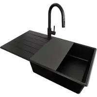 PrimaGran Granitspüle Alles Schwarz 90x50cm, Spülbecken 1 Becken + Ablauf-Set + Küchenzubehörset, Küchenspüle ab 60er Unterschrank - Kopenhagen
