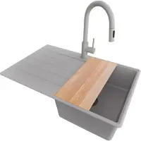 PrimaGran Granitspüle Grau 78x50cm, Spülbecken 1 Becken + Küchenarmatur 40x20cm + Ablauf-Set + Schneidebrett, Küchenspüle ab 45er Unterschrank - Kopenhagen