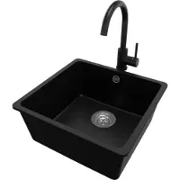 PrimaGran Granitspüle Schwarz 46x44cm, Spülbecken 1 Becken + Küchenarmatur 32x20cm + Ablauf-Set, Küchenspüle ab 50er Unterschrank - Venedig Slim Easy