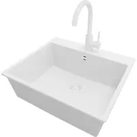 PrimaGran Granitspüle Alles Weiß 58x50cm, Spülbecken 1 Becken + Küchenarmatur 32x20cm + Ablauf-Set, Küchenspüle ab 60er Unterschrank - Riga