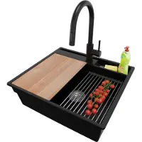 PrimaGran Granitspüle Schwarz 58x53cm, Spülbecken 1 Becken + Ablauf-Set + Küchenzubehörset, Küchenspüle ab 60er Unterschrank - Oslo Pocket