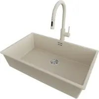 PrimaGran Unterbauspüle Granit Beige 76x47cm, Spülbecken 1 Becken + Küchenarmatur 40x20cm + Ablauf-Set, Granitspüle ab 80er Unterschrank - London