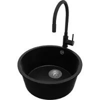 PrimaGran Granitspüle Schwarz 46x46cm, Spülbecken Rund 1 Becken + Küchenarmatur 40x38cm + Ablauf-Set, Küchenspüle ab 50er Unterschrank - Valletta Slim