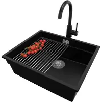 PrimaGran Granitspüle Schwarz 56x47cm, Spülbecken 1 Becken + Ablauf-Set + Küchenzubehörset, Küchenspüle ab 60er Unterschrank - Praga Slim