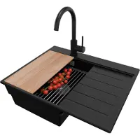 PrimaGran Granitspüle Schwarz 62x50cm, Spülbecken 1 Becken + Küchenarmatur 32x20cm + Ablauf-Set + Küchenzubehörset, Küchenspüle ab 40er Unterschrank - Sydney