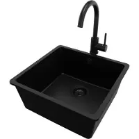 PrimaGran Unterbauspüle Granit Alles Schwarz 46x44cm, Spülbecken 1 Becken + Küchenarmatur 32x20cm + Ablauf-Set, Granitspüle ab 50er Unterschrank - Venedig Easy