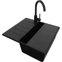 PrimaGran Granitspüle Alles Schwarz 55x50cm, Spülbecken 1 Becken + Ablauf-Set + Küchenzubehörset, Küchenspüle ab 40er Unterschrank - Kopenhagen
