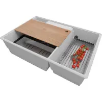 PrimaGran Spülbecken Grau 78x53cm, Granitspüle 2 Becken + Ablauf-Set + Küchenzubehörset, Küchenspüle ab 80er Unterschrank - Paris