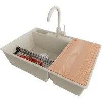 PrimaGran Granitspüle Beige 78x53cm, Spülbecken 2 Becken + Küchenarmatur 32x20cm + Ablauf-Set + Küchenzubehörset, Küchenspüle ab 80er Unterschrank - Paris