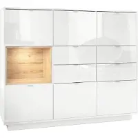 Vladon Highboard Sideboard Metro V2, Germany, Korpus in Weiß Hochglanz / Fronten in Weiß Hochglanz mit Einsatz in Eiche Natur, inkl. LED Beleuchtung