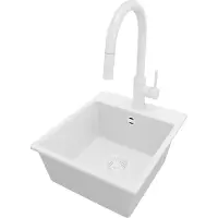 PrimaGran Granitspüle Alles Weiß 38x44cm, Spülbecken 1 Becken + Küchenarmatur 40x20cm + Ablauf-Set, Küchenspüle ab 40er Unterschrank - Riga Easy