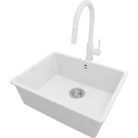 PrimaGran Granitspüle Weiß 56x44cm, Spülbecken 1 Becken + Küchenarmatur 40x20cm + Ablauf-Set, Küchenspüle ab 60er Unterschrank - Venedig Slim Easy