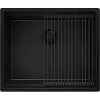 PrimaGran Unterbauspüle Granit Alles Schwarz 56x47cm, Spülbecken 1 Becken + Ablauf-Set + Aufrollbare Abtropffläche, Granitspüle ab 60er Unterschrank - Praga