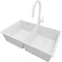 PrimaGran Granitspüle Alles Weiß 76x47cm, Spülbecken 2 Becken + Küchenarmatur 40x20cm + Ablauf-Set, Küchenspüle ab 80er Unterschrank - London Slim Twin