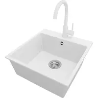 PrimaGran Granitspüle Weiß 48x50cm, Spülbecken 1 Becken + Küchenarmatur 32x20cm + Ablauf-Set, Küchenspüle ab 50er Unterschrank - Riga