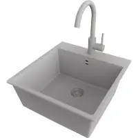 PrimaGran Granitspüle Grau 48x50cm, Spülbecken 1 Becken + Küchenarmatur 32x20cm + Ablauf-Set, Küchenspüle ab 50er Unterschrank - Riga