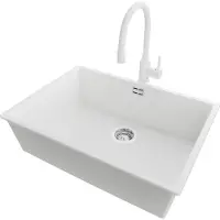 PrimaGran Unterbauspüle Granit Weiß 66x47cm, Spülbecken 1 Becken + Küchenarmatur 38x14cm + Ablauf-Set, Granitspüle ab 70er Unterschrank - London