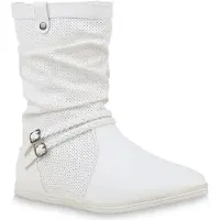 Mytrendshoe Damen Schlupfstiefel Sportliche Stiefel Boots Schnalle 70991, Farbe: Weiß, Größe: 37