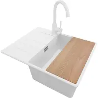 PrimaGran Granitspüle Weiß 62x50cm, Spülbecken 1 Becken + Küchenarmatur 32x20cm + Ablauf-Set + Schneidebrett, Küchenspüle ab 45er Unterschrank - Kopenhagen