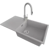 PrimaGran Granitspüle Grau 90x50cm, Spülbecken 1 Becken + Küchenarmatur 40x20cm + Ablauf-Set, Küchenspüle ab 60er Unterschrank - Ibiza