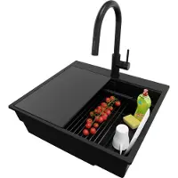 PrimaGran Granitspüle Alles Schwarz 58x53cm, Spülbecken 1 Becken + Ablauf-Set + Küchenzubehörset, Küchenspüle ab 60er Unterschrank - Oslo Max