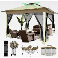 Markenlos Pavillon 3x3 Wasserdicht Stabil Winterfest, 3,65x3,65m Gartenpavillon mit Moskitonetz, Doppeldach Faltpavillon mit Sandsack für Hinterhof, Rasen (Beige)