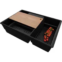 PrimaGran Spülbecken Alles Schwarz 78x53cm, Granitspüle 2 Becken + Ablauf-Set + Küchenzubehörset, Küchenspüle ab 80er Unterschrank - Paris