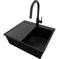 PrimaGran Granitspüle Alles Schwarz 58x50cm, Spülbecken 1 Becken + Küchenarmatur 40x20cm + Ablauf-Set + Schneidebrett, Küchenspüle ab 60er Unterschrank - Oslo