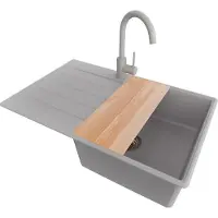 PrimaGran Granitspüle Grau 78x50cm, Spülbecken 1 Becken + Küchenarmatur 32x20cm + Ablauf-Set + Schneidebrett, Küchenspüle ab 50er Unterschrank - Kopenhagen