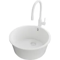 PrimaGran Unterbauspüle Granit Alles Weiß 46x46cm, Spülbecken 1 Becken + Küchenarmatur 38x14cm + Ablauf-Set, Granitspüle ab 50er Unterschrank - Valletta