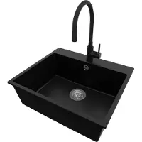 PrimaGran Granitspüle Schwarz 58x50cm, Spülbecken 1 Becken + Küchenarmatur 40x38cm + Ablauf-Set, Küchenspüle ab 60er Unterschrank - Riga