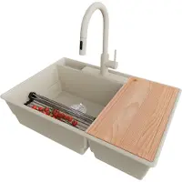 PrimaGran Granitspüle Beige 78x53cm, Spülbecken 2 Becken + Küchenarmatur 40x20cm + Ablauf-Set + Küchenzubehörset, Küchenspüle ab 80er Unterschrank - Paris
