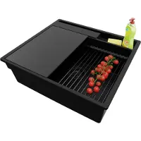 PrimaGran Spülbecken Alles Schwarz 58x53cm, Granitspüle 1 Becken + Ablauf-Set + Küchenzubehörset, Küchenspüle ab 60er Unterschrank - Oslo Pocket