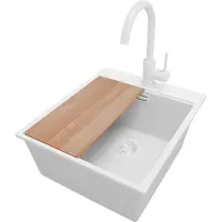 PrimaGran Granitspüle Alles Weiß 43x50cm, Spülbecken 1 Becken + Küchenarmatur 32x20cm + Ablauf-Set + Schneidebrett, Küchenspüle ab 45er Unterschrank - Oslo