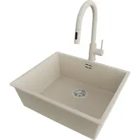 PrimaGran Granitspüle Beige 56x47cm, Spülbecken 1 Becken + Küchenarmatur 40x20cm + Ablauf-Set, Küchenspüle ab 60er Unterschrank - London Slim
