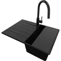PrimaGran Granitspüle Alles Schwarz 70x50cm, Spülbecken 1 Becken + Ablauf-Set + Küchenzubehörset, Küchenspüle ab 40er Unterschrank - Kopenhagen