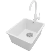 PrimaGran Unterbauspüle Granit Weiß 36x44cm, Spülbecken 1 Becken + Küchenarmatur 32x20cm + Ablauf-Set, Granitspüle ab 40er Unterschrank - Venedig Easy