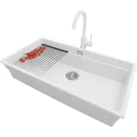 PrimaGran Granitspüle Weiß 86x47cm, Spülbecken 1 Becken + Küchenarmatur 32x20cm + Ablauf-Set + Küchenzubehörset, Küchenspüle ab 90er Unterschrank - Praga Slim