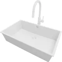 PrimaGran Granitspüle Alles Weiß 76x47cm, Spülbecken 1 Becken + Küchenarmatur 40x20cm + Ablauf-Set, Küchenspüle ab 80er Unterschrank - London Slim