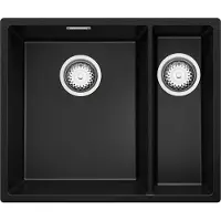 PrimaGran Unterbauspüle Granit Schwarz 56x47cm, Spülbecken 1,5 Becken + Ablauf-Set, Granitspüle ab 60er Unterschrank - London Duo