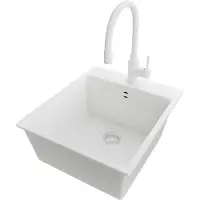 PrimaGran Granitspüle Alles Weiß 43x50cm, Spülbecken 1 Becken + Küchenarmatur 38x14cm + Ablauf-Set, Küchenspüle ab 45er Unterschrank - Riga