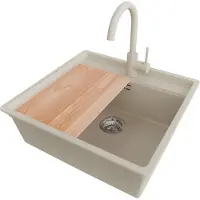 PrimaGran Unterbauspüle Granit Beige 56x53cm, Spülbecken 1 Becken + Ablauf-Set + Küchenzubehörset, Granitspüle ab 60er Unterschrank - Bergen