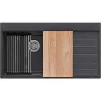 PrimaGran Spülbecken Anthrazit 90x50cm, Granitspüle 1 Becken + Ablauf-Set + Küchenzubehörset, Küchenspüle ab 60er Unterschrank - Sydney