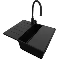 PrimaGran Granitspüle Alles Schwarz 62x50cm, Spülbecken 1 Becken + Ablauf-Set + Küchenzubehörset, Küchenspüle ab 45er Unterschrank - Kopenhagen