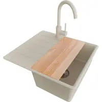 PrimaGran Granitspüle Beige 55x50cm, Spülbecken 1 Becken + Küchenarmatur 32x20cm + Ablauf-Set + Schneidebrett, Küchenspüle ab 40er Unterschrank - Kopenhagen